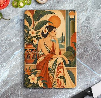 Tropikal Bahçede Vintage Kadın Portresi Cam Kesim Tablası