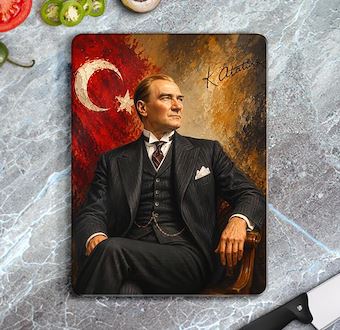 Türk Bayrağıyla Atatürk ün Yağlı Boya Görünümlü Portresi Cam Kesim Tablası