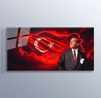 Kırmızı Renkler İçinde Türkiye Haritası ve Atatürk Cam Tablosu