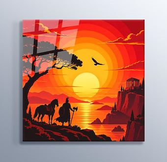 Mitolojik Savaşçı ve Gün Batımı Cam Tablosu