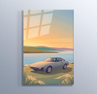 Sahil Klasiği - Retro Spor Otomobil - Stilize Otomobil Serisi Cam Tablosu