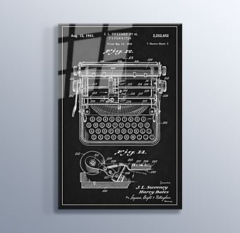Siyah Beyaz 1941 Vintage Daktilo Patent Çizimi Cam Tablosu