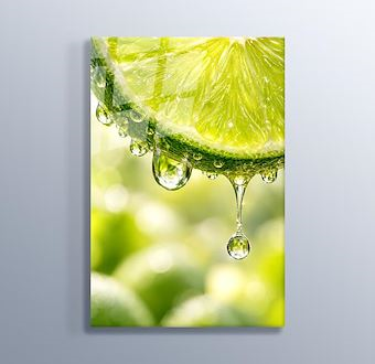 Yeşil Misket Limonunda Ferahlatıcı Su Damlaları Cam Tablosu