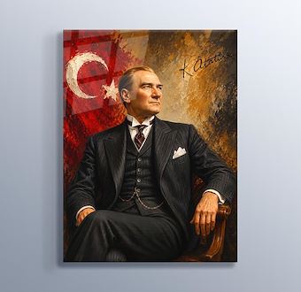 Türk Bayrağıyla Atatürk ün Yağlı Boya Görünümlü Portresi Cam Tablosu