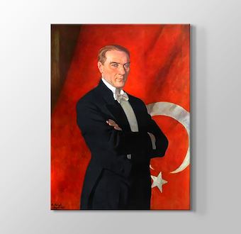 Mustafa Kemal Atatürk - Arkaplanda Kırmızı ve Beyaz Türk Bayrağı