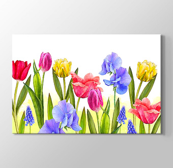 Çimenin Üstünde Rengarenk Çiçekler - Sulu Boya