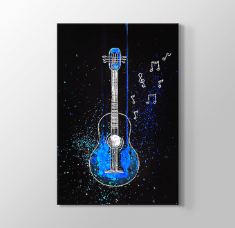 Mavi Gitar ve Notalar - Çizgi Sanatı