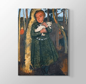 Girl in a birch forest with cat Kanvas Tablosu