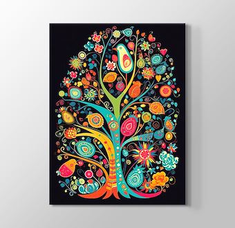 Renkli Kuşlar ve Çiçeklerle Dolu Ağaç