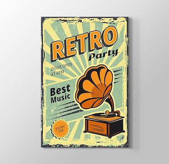Retro Parti. Davetiye posteri, gramofon ve vinil plaklar müzik