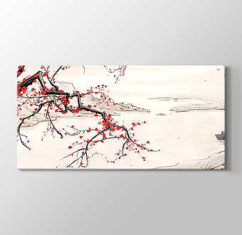 Siyah Beyaz Nehir ve Kırmızı Yapraklı Ağaç Manzarası - Çin Stili İllüstrasyon