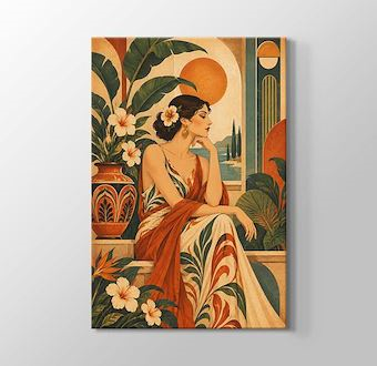 Tropikal Bahçede Vintage Kadın Portresi Kanvas Tablosu