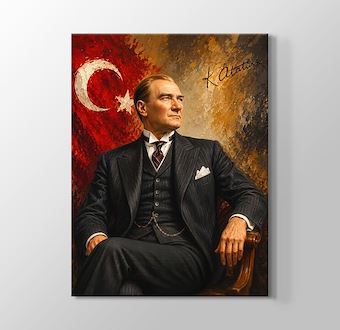 Türk Bayrağıyla Atatürk ün Yağlı Boya Görünümlü Portresi