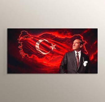 Kırmızı Renkler İçinde Türkiye Haritası ve Atatürk Mdf Tablosu