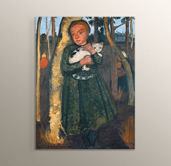 Girl in a birch forest with cat Mdf Tablosu