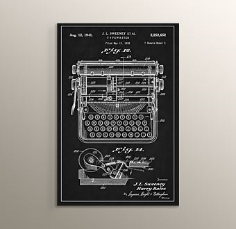 Siyah Beyaz 1941 Vintage Daktilo Patent Çizimi Mdf Tablosu