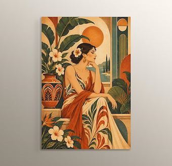 Tropikal Bahçede Vintage Kadın Portresi Mdf Tablosu