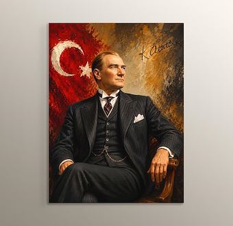 Türk Bayrağıyla Atatürk ün Yağlı Boya Görünümlü Portresi Mdf Tablosu
