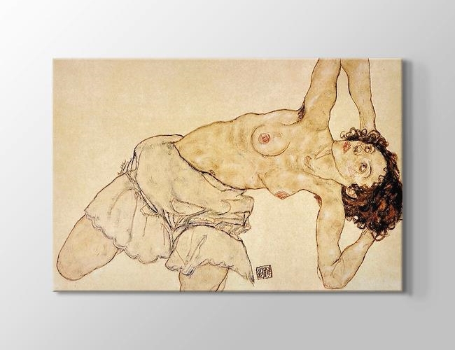 Knielende Halfnaakte Vrouw Egon Schiele Kanvas tablosu