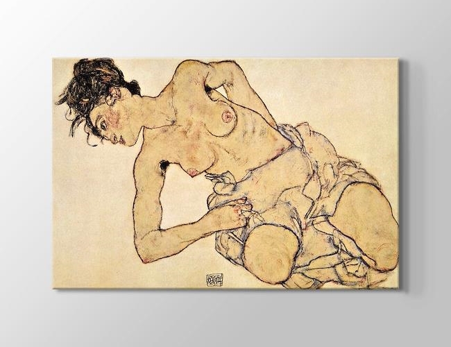 Knielende Halfnaakte Egon Schiele Kanvas tablosu