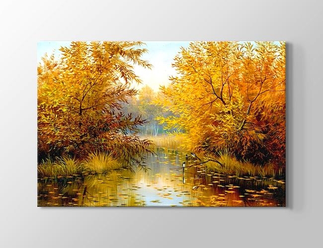 Sonbahar - Göl Üzerindeki Yapraklar Kanvas tablosu