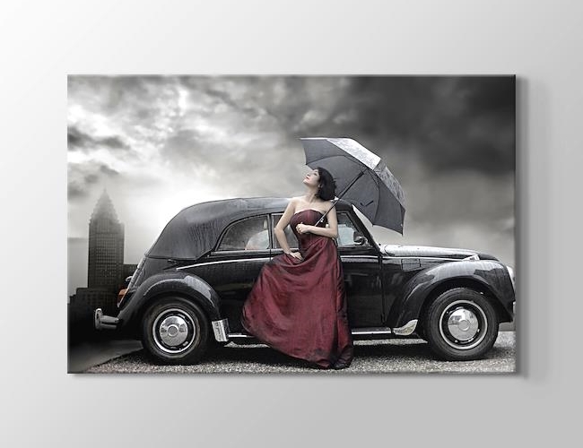 Siyah klasik araba ve şemsiyeli kadın Kanvas tablosu
