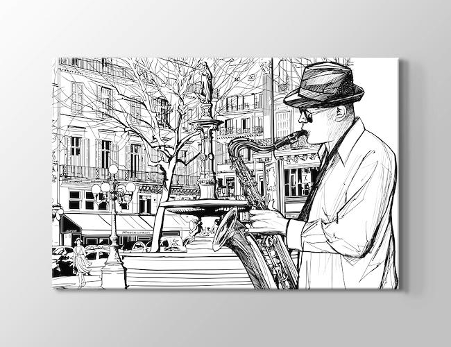 Paris'te Saksafon Sanatçısı Kanvas tablosu