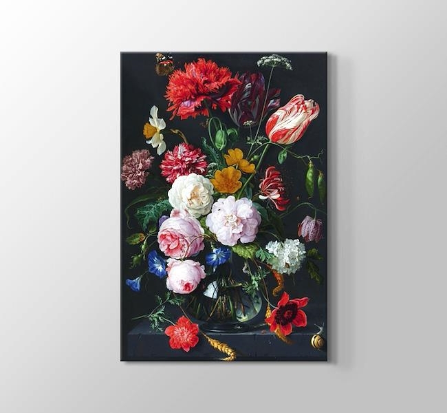 Still life with flowers in a glass vase - Cam vazoda çiçeklerle natürmort - Kanvas Tablosu