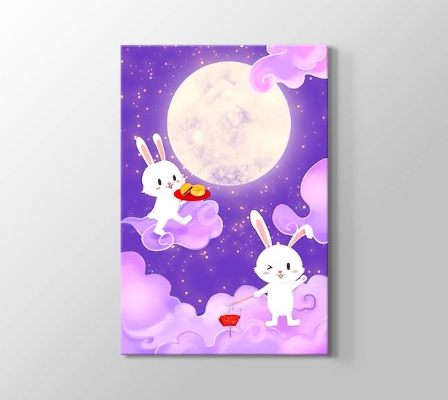  Ay Işığında Bulutların Üstündeki Sevimli Tavşanlar