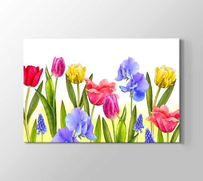  Çimenin Üstünde Rengarenk Çiçekler - Sulu Boya
