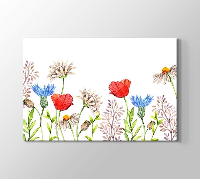  Mavi Kırmızı ve Kahverengi İlkbahar Çiçekleri - Sulu Boya