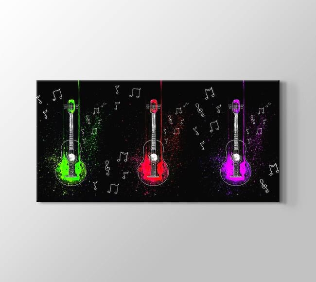  Yeşil Kırmızı ve Mor Gitarlar ve Notalar - Çizgi Sanatı