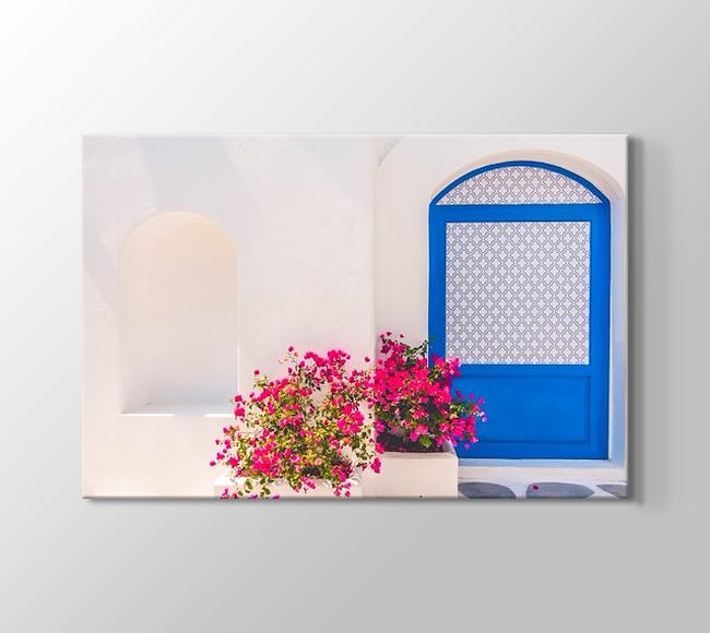  Beyaz Duvarlı, Mavi Kapılı Ev ve Mor Çiçekler