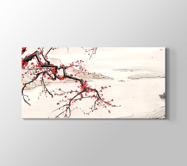  Siyah Beyaz Nehir ve Kırmızı Yapraklı Ağaç Manzarası - Çin Stili İllüstrasyon