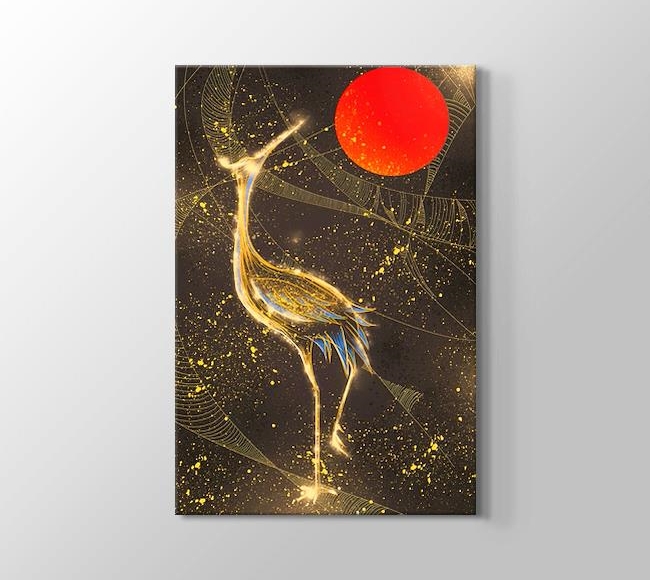  Altın Yaldız Desenli Tavus Kuşu ve Kırmızı Güneş 