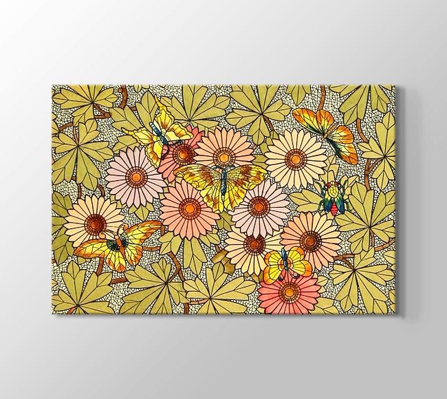  Çiçeklerin Üstündeki Kelebekler - Vitray Desen