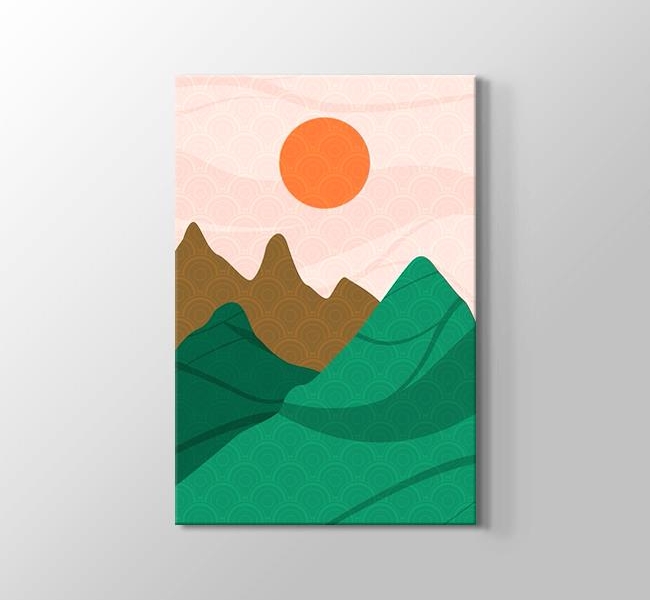 Minimalist Dağlar ve Güneş Japon Afişi - Kanvas Tablosu