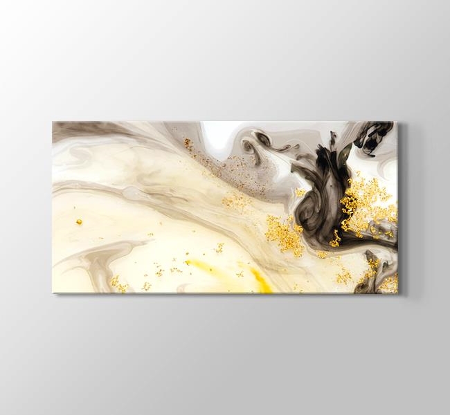 Altın Görünümlü Soyut Siyah Sulu Boya Deseni - Kanvas Tablosu
