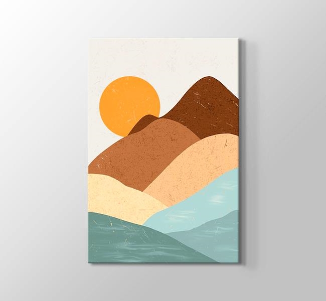  Kanvas Cam Mdf Puzzle Soyut Boho Dağlar ve Güneş 