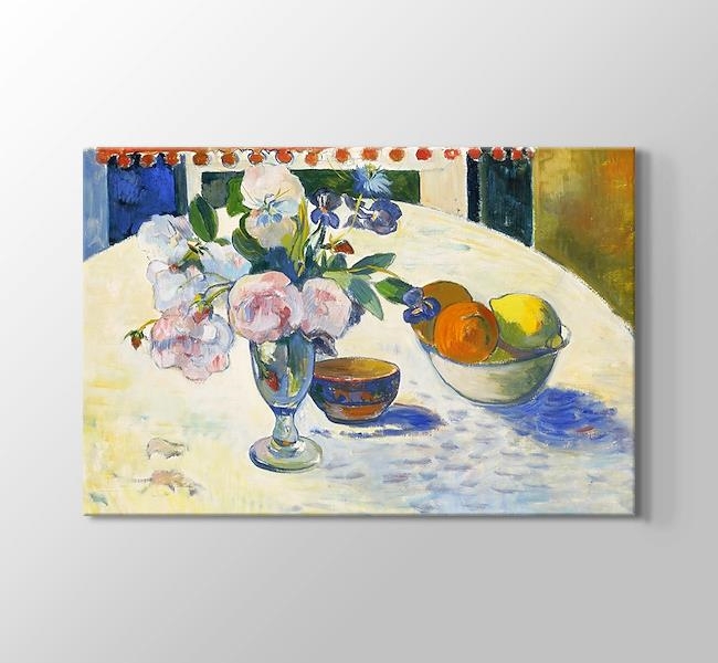 Flowers and a Bowl of Fruit on a Table - Kanvas Tablosu