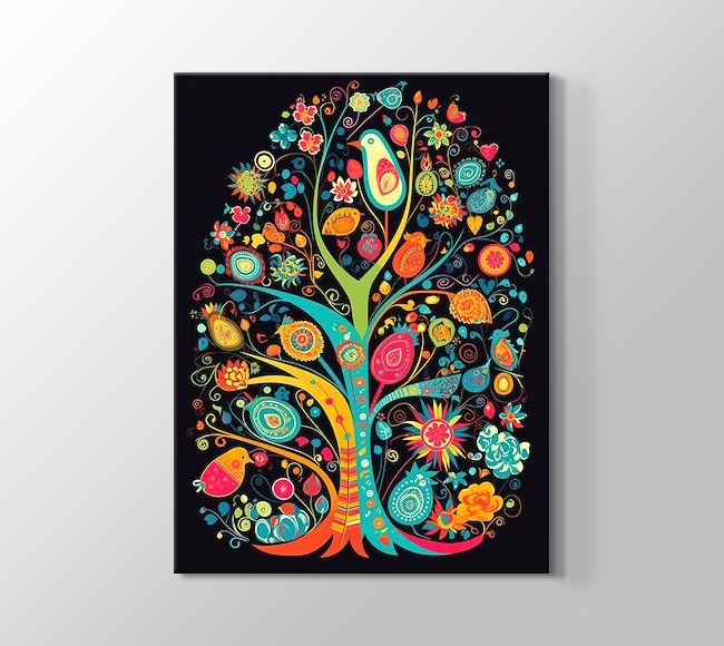  Renkli Kuşlar ve Çiçeklerle Dolu Ağaç