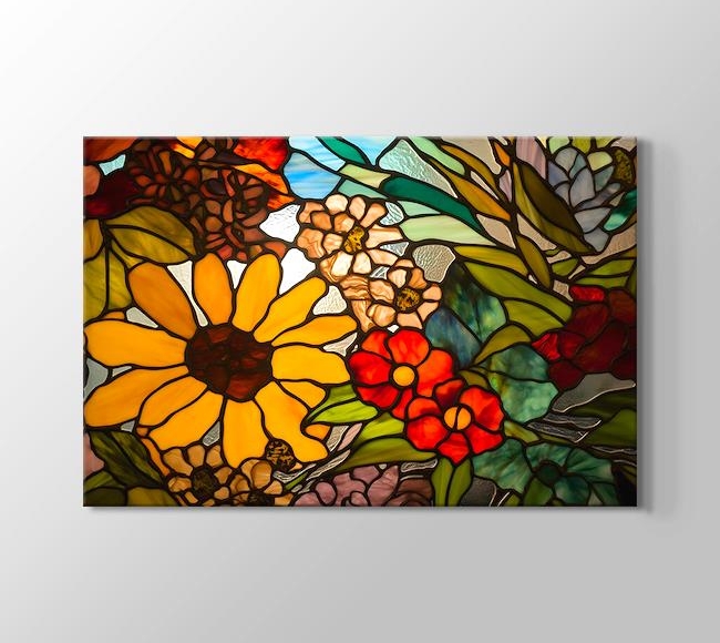  Çiçek ve Ayçiçeği Desenli Renkli Cam