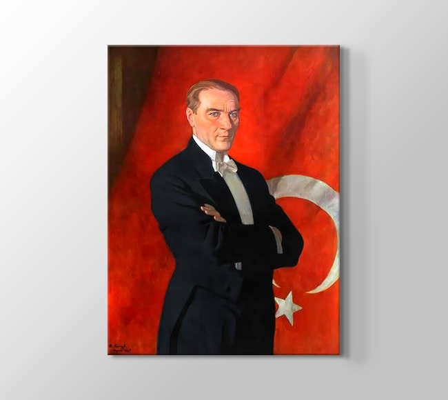  Arthur Kampf Mustafa Kemal Atatürk - Arkaplanda Kırmızı ve Beyaz Türk Bayrağı