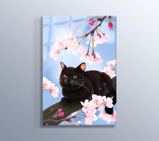 Ağaçtaki Siyah Kedi Gerçekçi Çizim