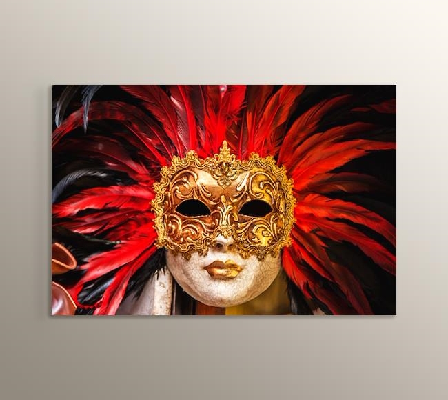 Siyah Fonda Kırmızı Tüylü Altın Sarısı Karnaval Maskesi 