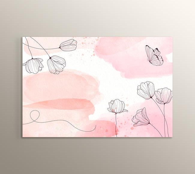 Pembe Pastel Fonda Çiçekler - Çizgi Sanatı