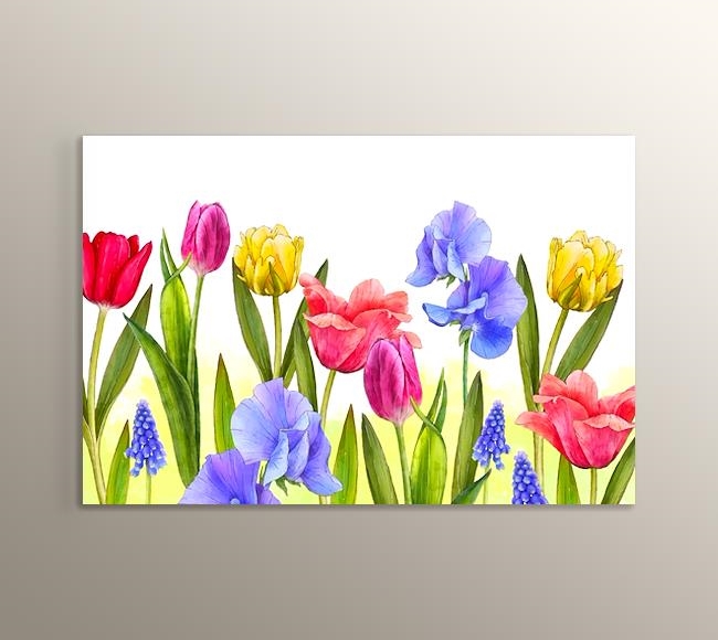 Çimenin Üstünde Rengarenk Çiçekler - Sulu Boya