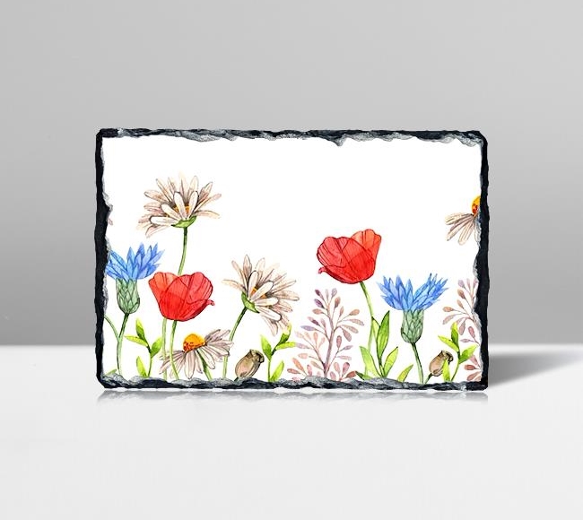 Mavi Kırmızı ve Kahverengi İlkbahar Çiçekleri - Sulu Boya