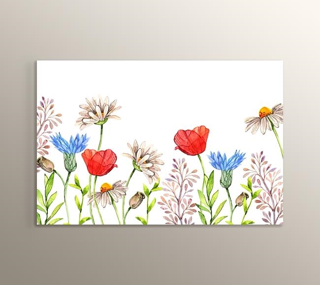 Mavi Kırmızı ve Kahverengi İlkbahar Çiçekleri - Sulu Boya