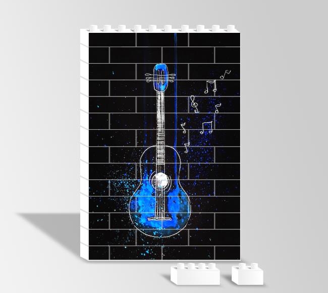 Mavi Gitar ve Notalar - Çizgi Sanatı